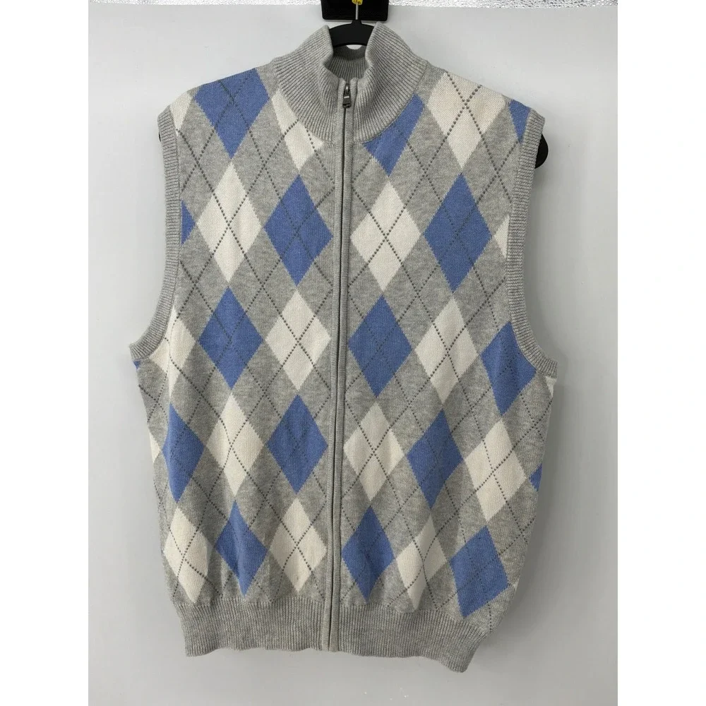 Vintage Polo Golf Sweater Vest Men Medium Grey Argyle Preppy Zip Cashmere Cotton